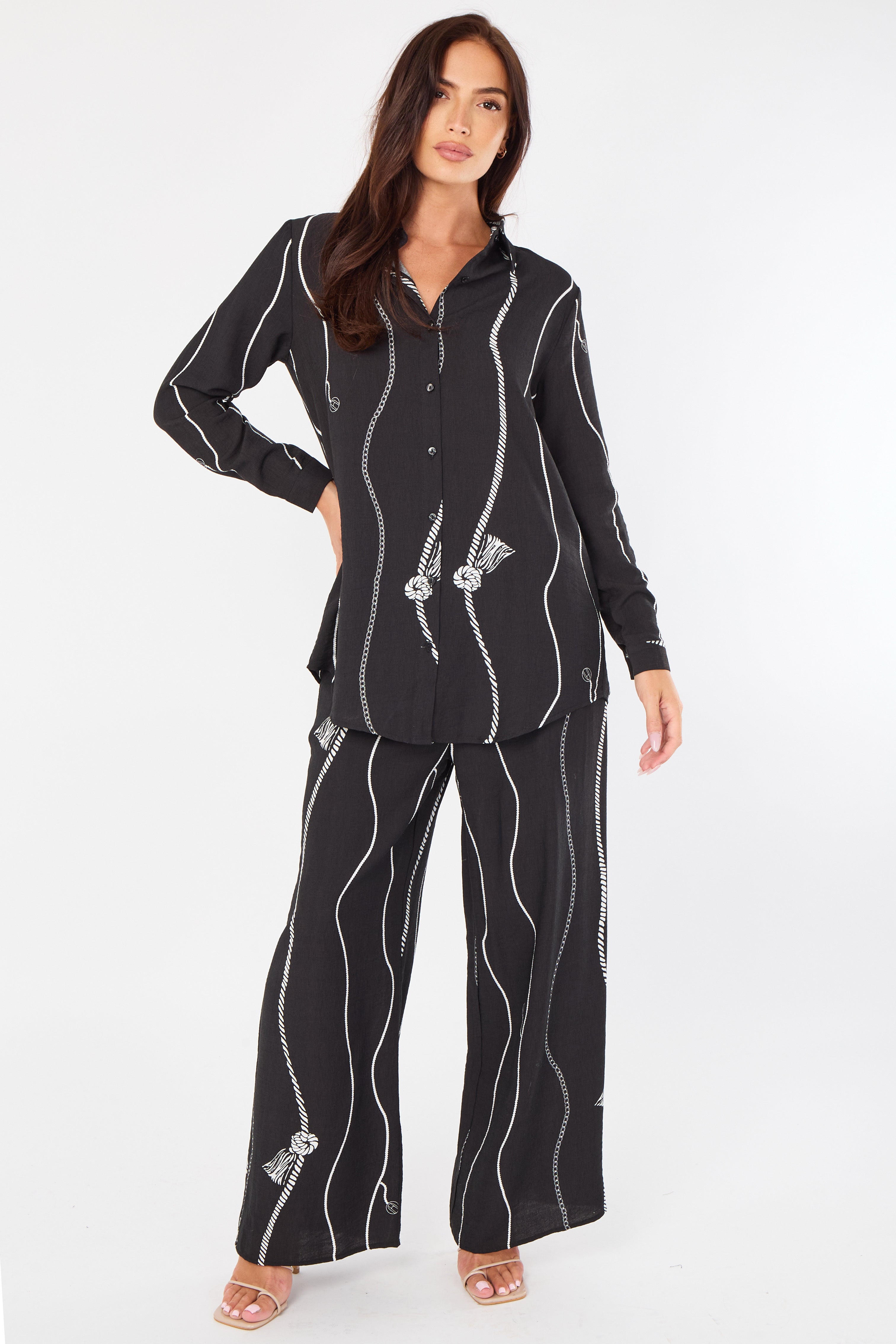 Black Rope Stripe Print Wide-Leg Co-ord LS-5002&9057-TZ23