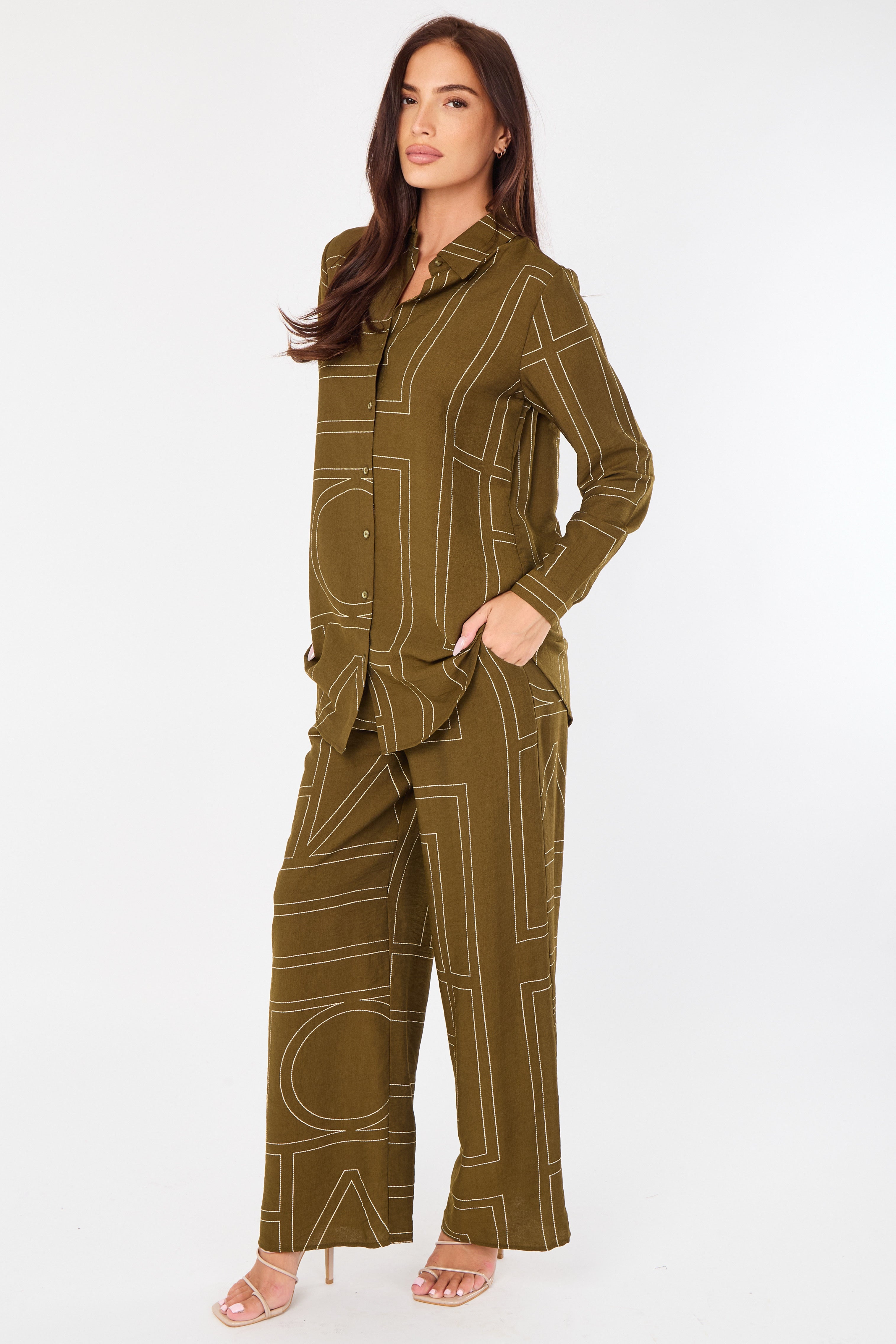 Khaki Geometric Line Print Wide-Leg Co-ord LS-5002&9057-TZ21