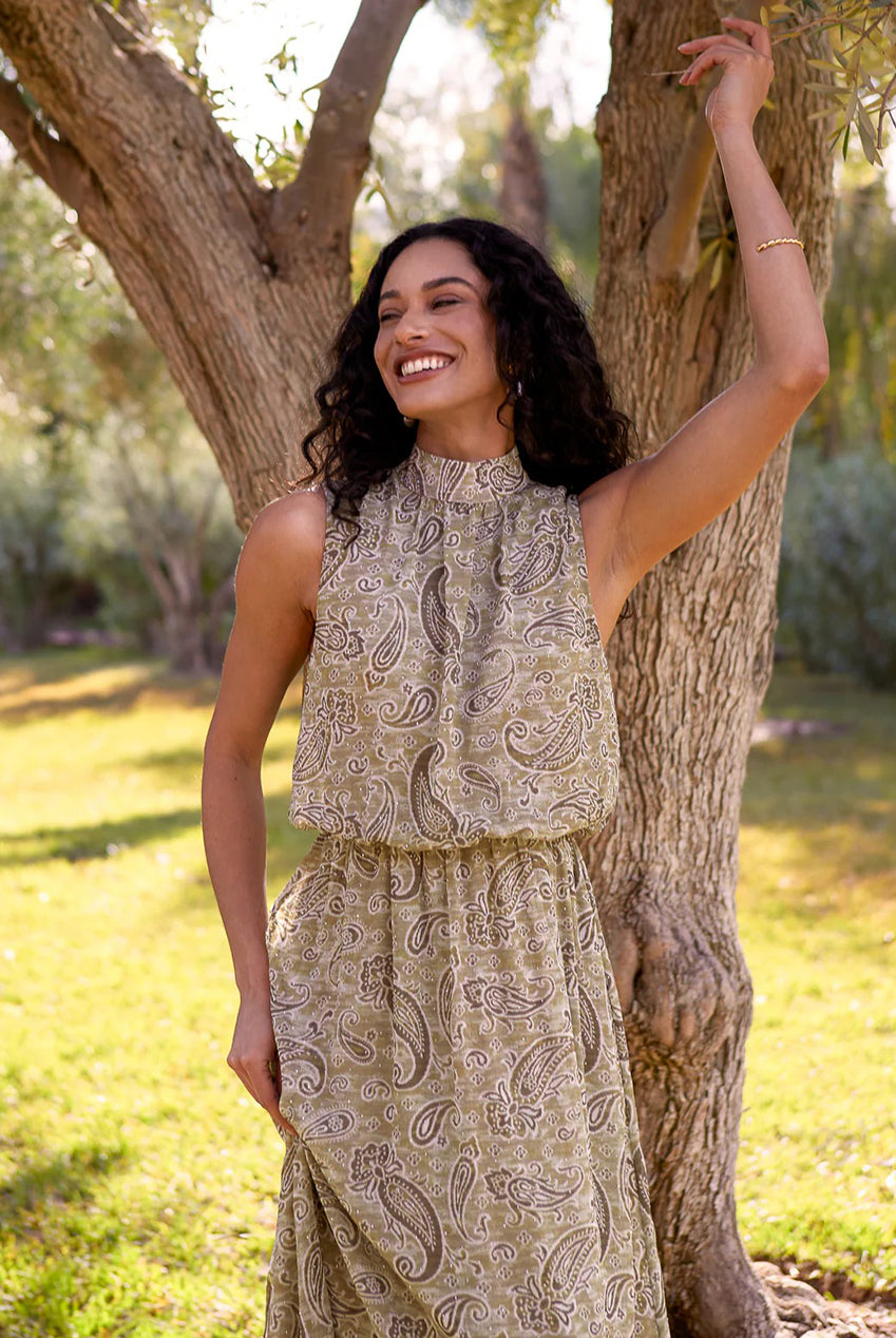Paisley Print Rhinestone High Neck Midi Dress BV269851056