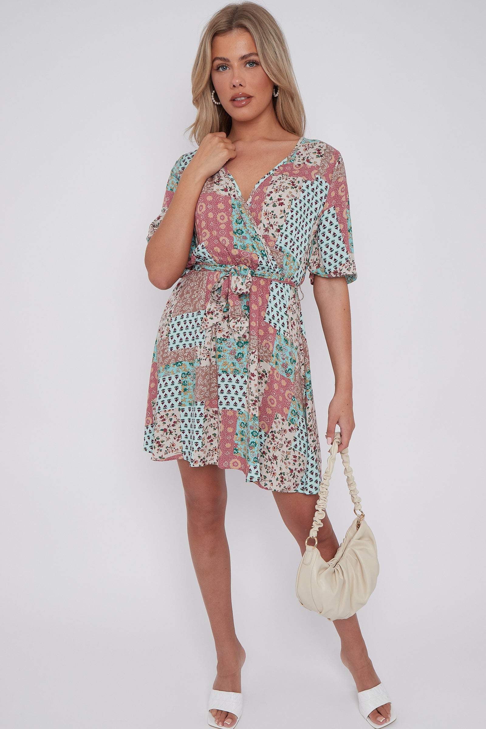 Multi Floral Patch Print Wrapped Mini Dress LS-2229-PV3
