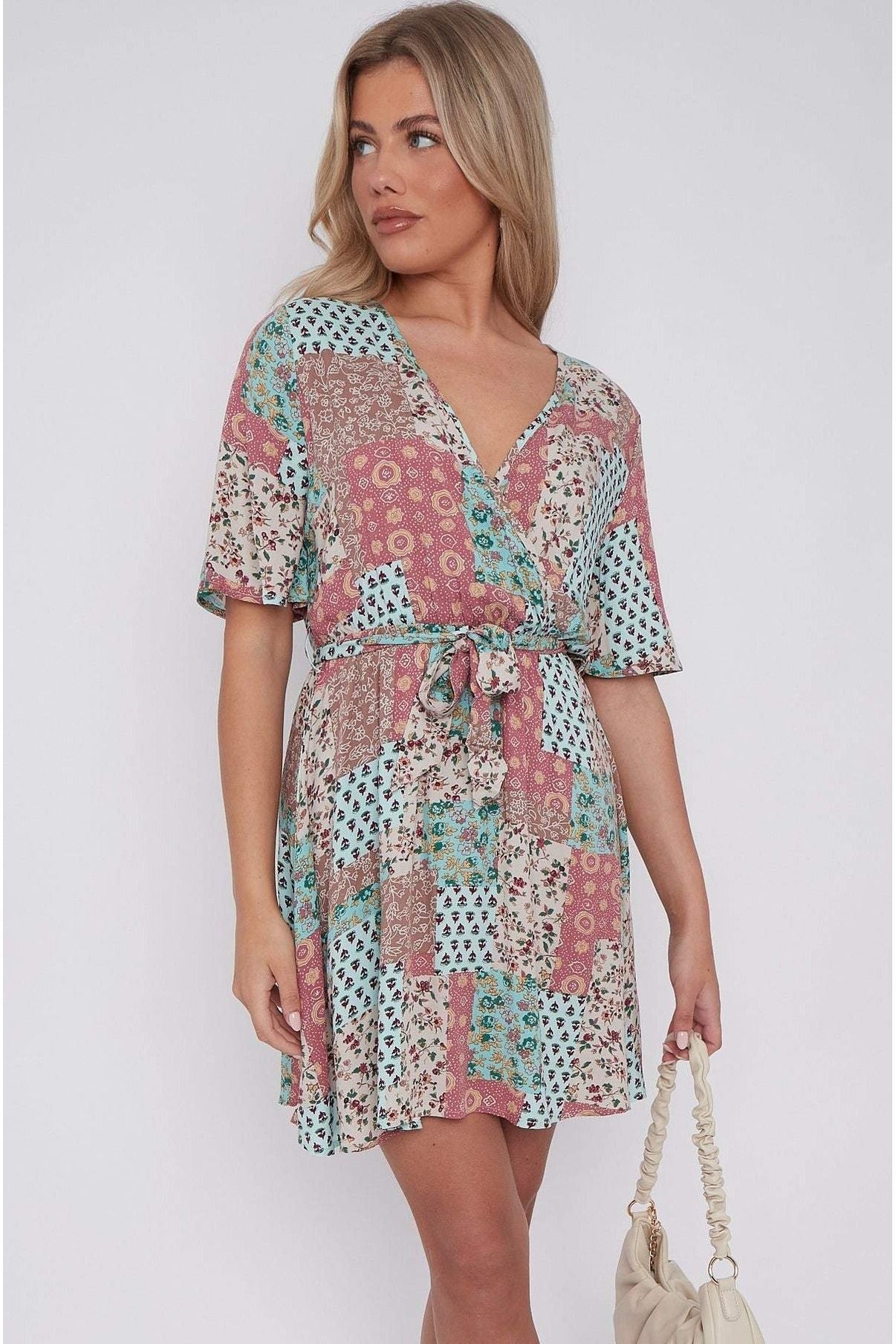 Multi Floral Patch Print Wrapped Mini Dress LS-2229-PV3
