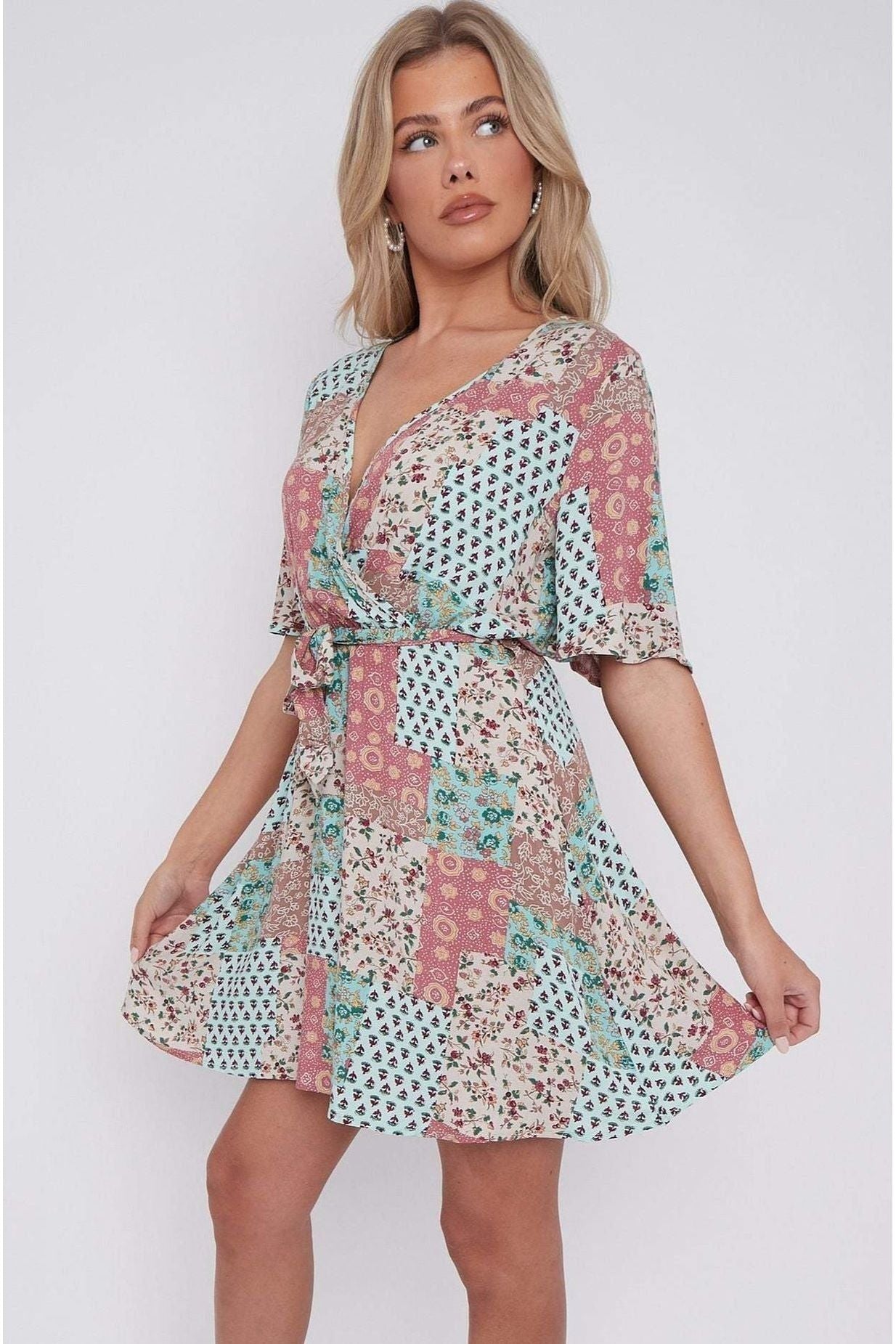Multi Floral Patch Print Wrapped Mini Dress LS-2229-PV3