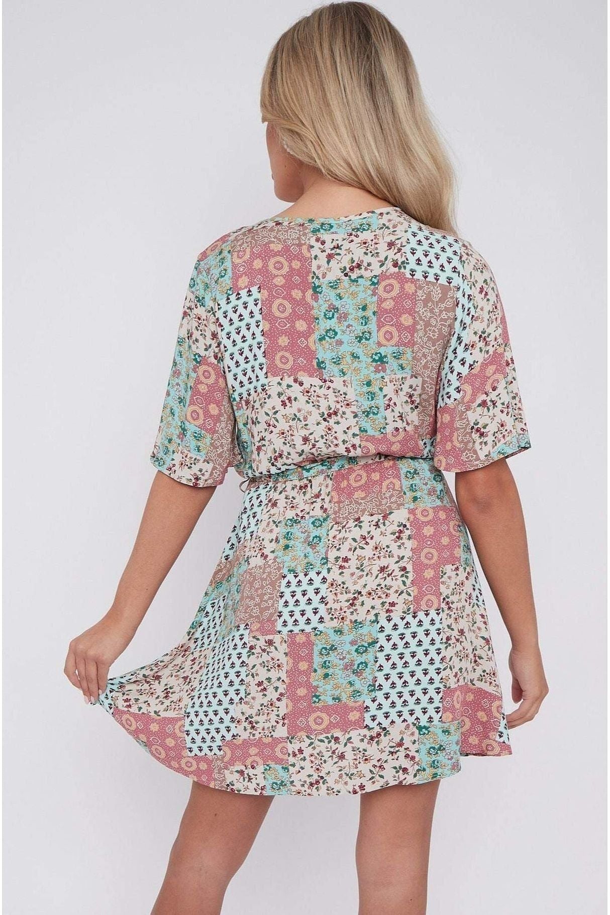 Multi Floral Patch Print Wrapped Mini Dress LS-2229-PV3