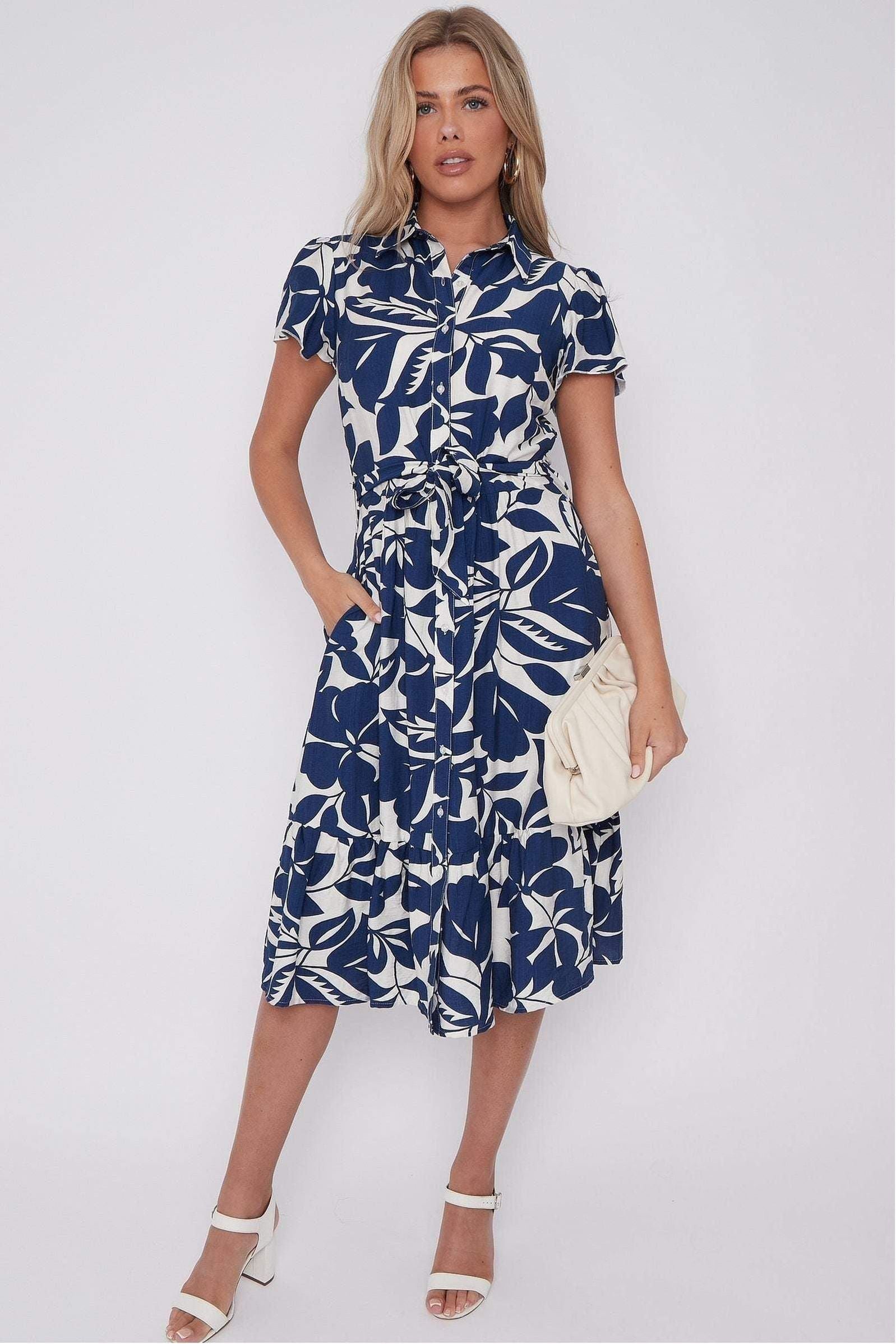 Navy Leaf Printed Short Sleeve Midi Dress LS-2413-TR2