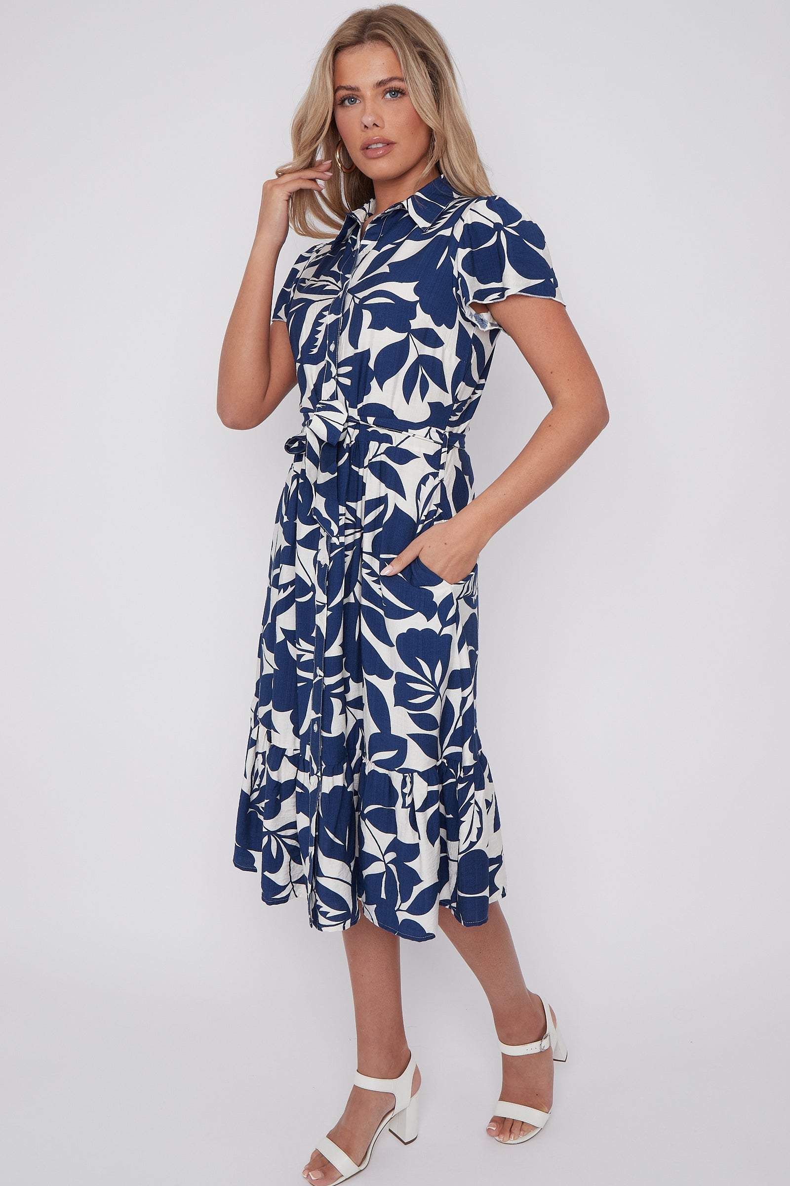 Navy Leaf Printed Short Sleeve Midi Dress LS-2413-TR2