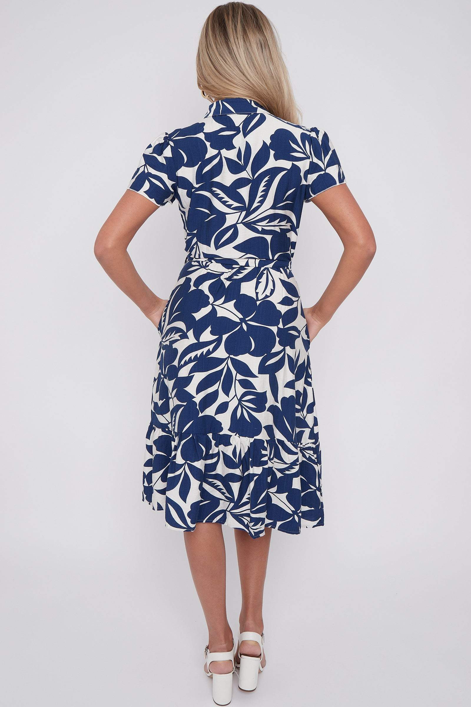 Navy Leaf Printed Short Sleeve Midi Dress LS-2413-TR2