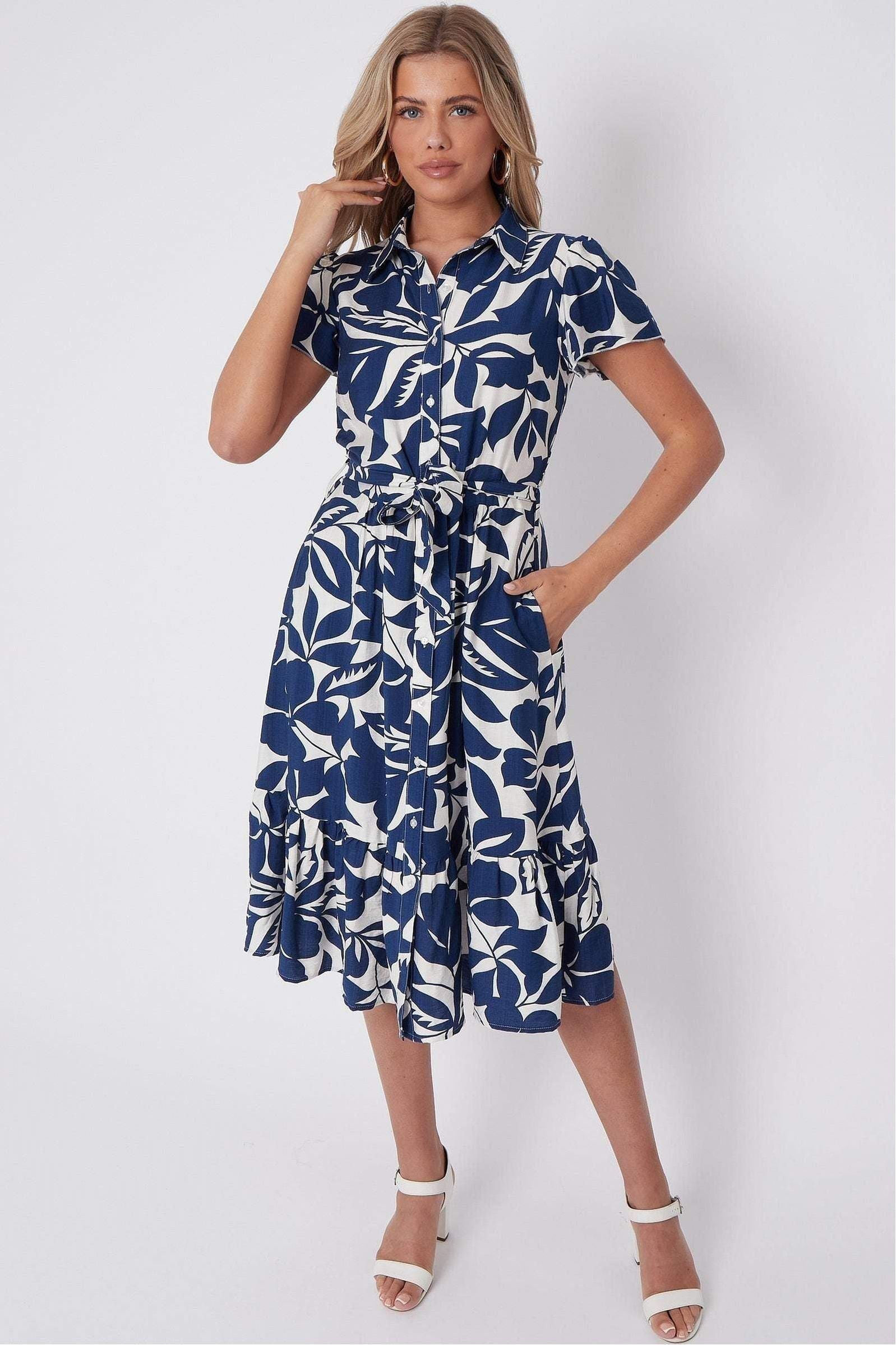Navy Leaf Printed Short Sleeve Midi Dress LS-2413-TR2