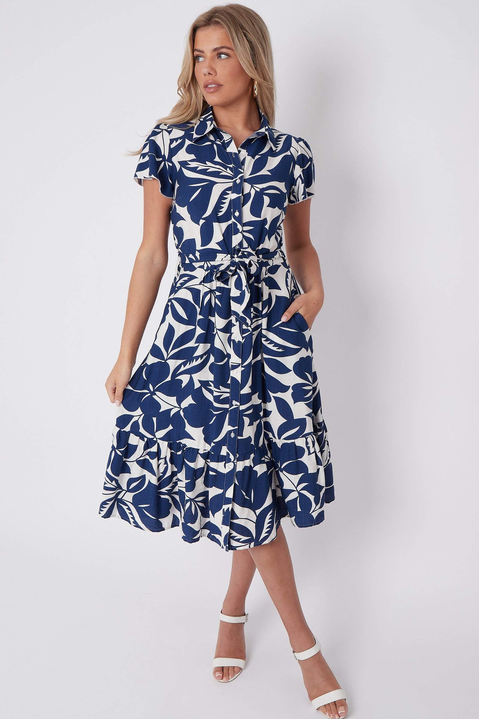 Navy Leaf Printed Short Sleeve Midi Dress LS-2413-TR2