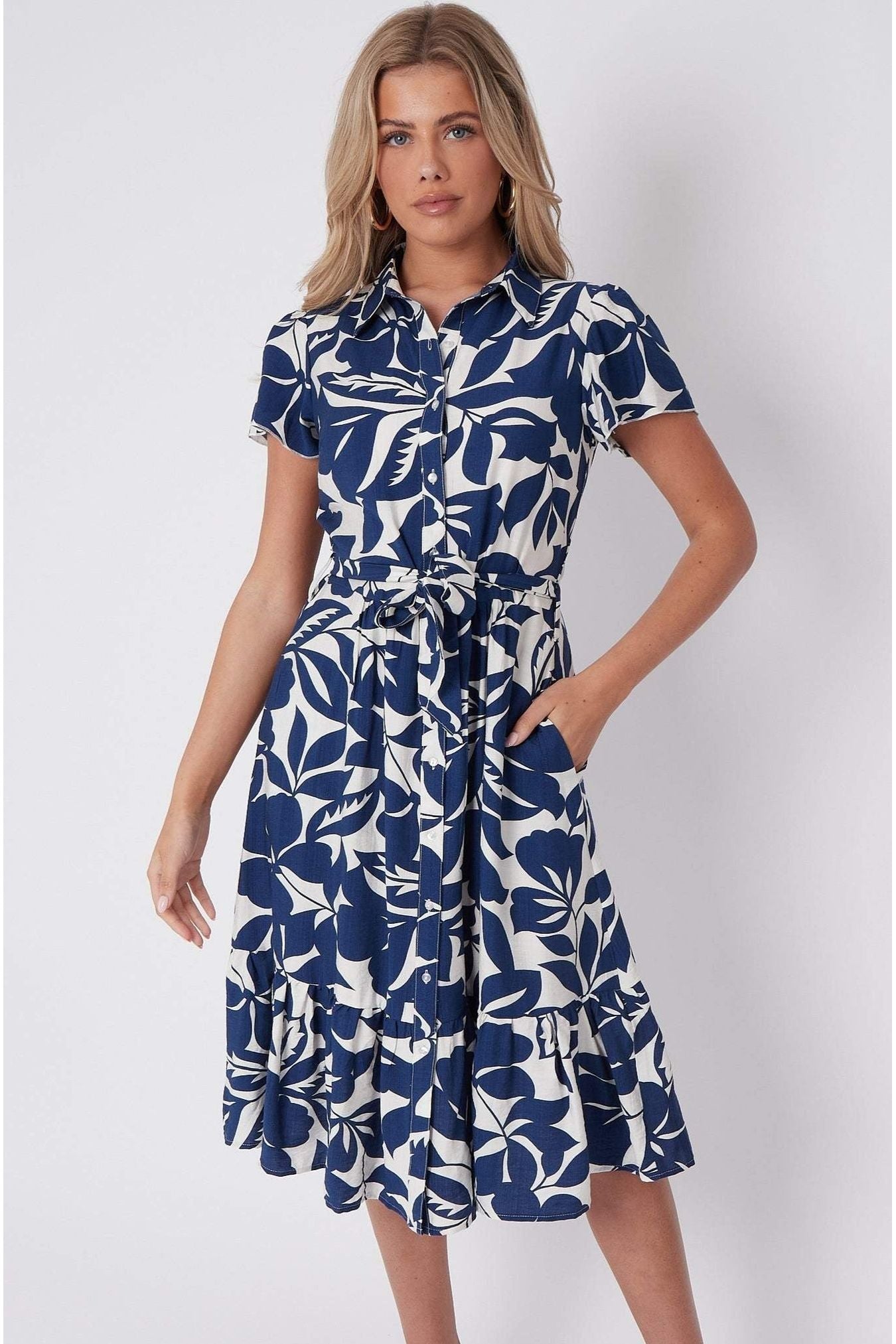 Navy Leaf Printed Short Sleeve Midi Dress LS-2413-TR2