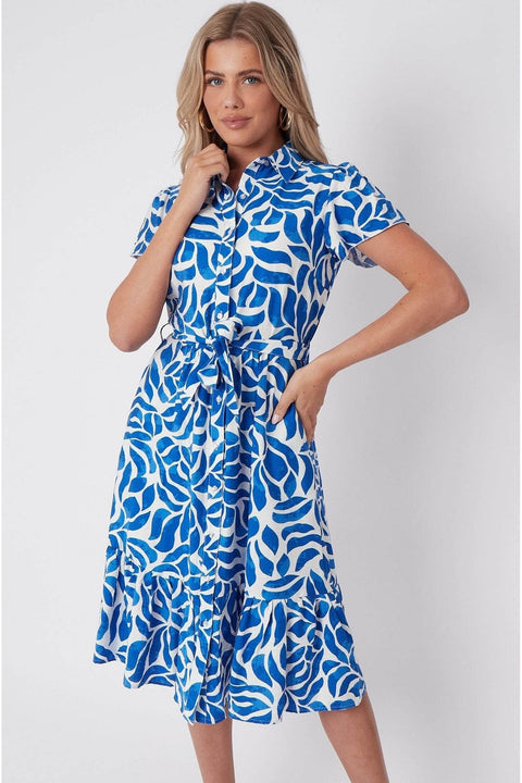 Cobalt Printed Short Sleeve Midi Dress by LOVE SUNSHINE