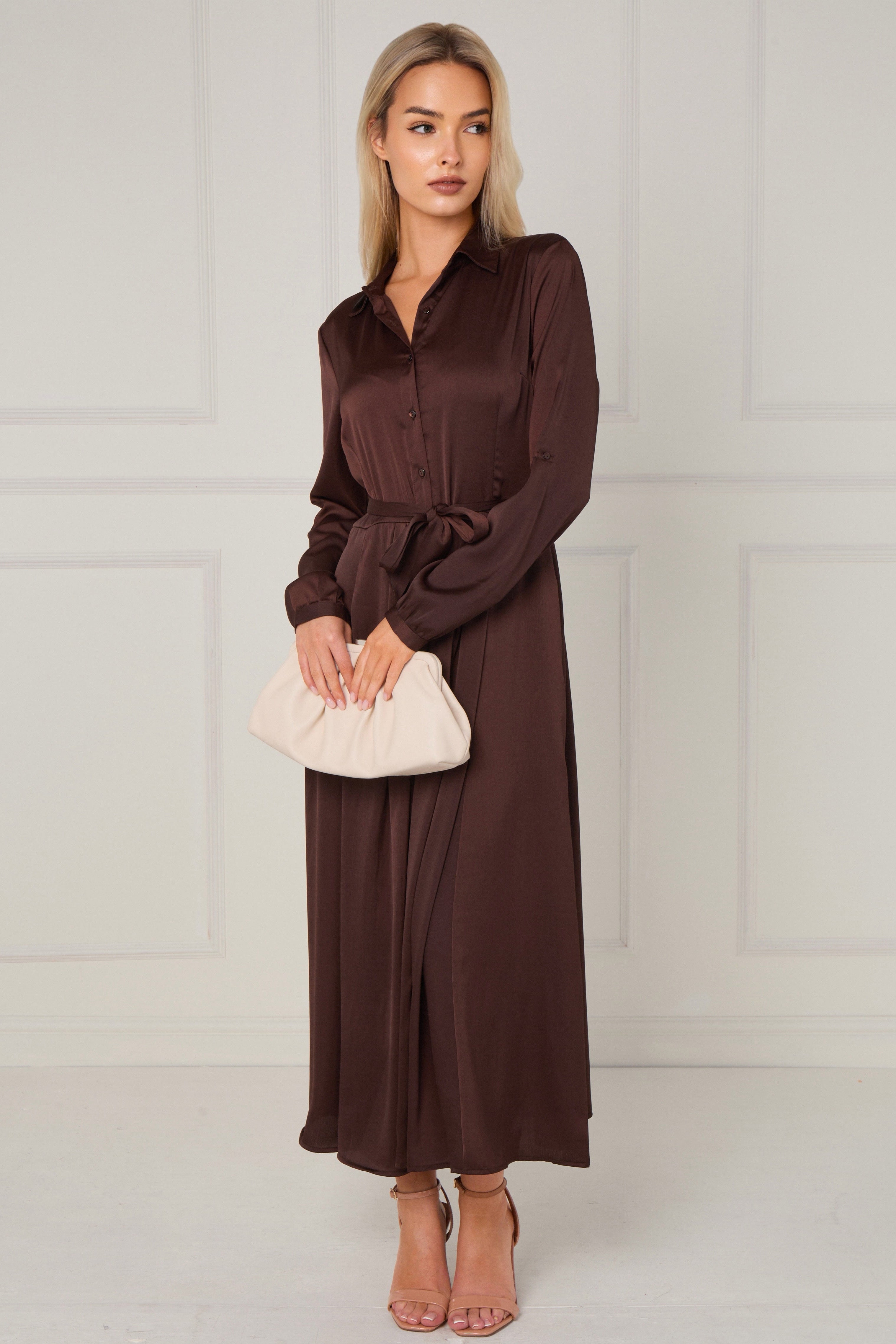 Espresso Layered Satin Long Sleeve Maxi Shirt Dress LS-2037-8078-44