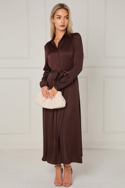 Espresso Layered Satin Long Sleeve Maxi Shirt Dress by LOVE SUNSHINE