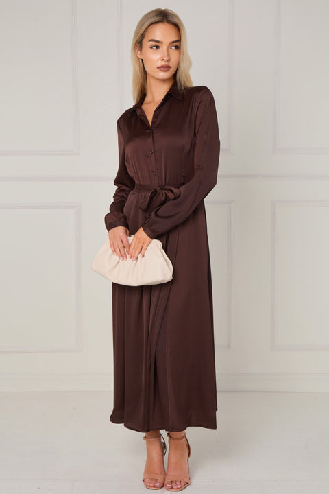 Espresso Layered Satin Long Sleeve Maxi Shirt Dress by LOVE SUNSHINE