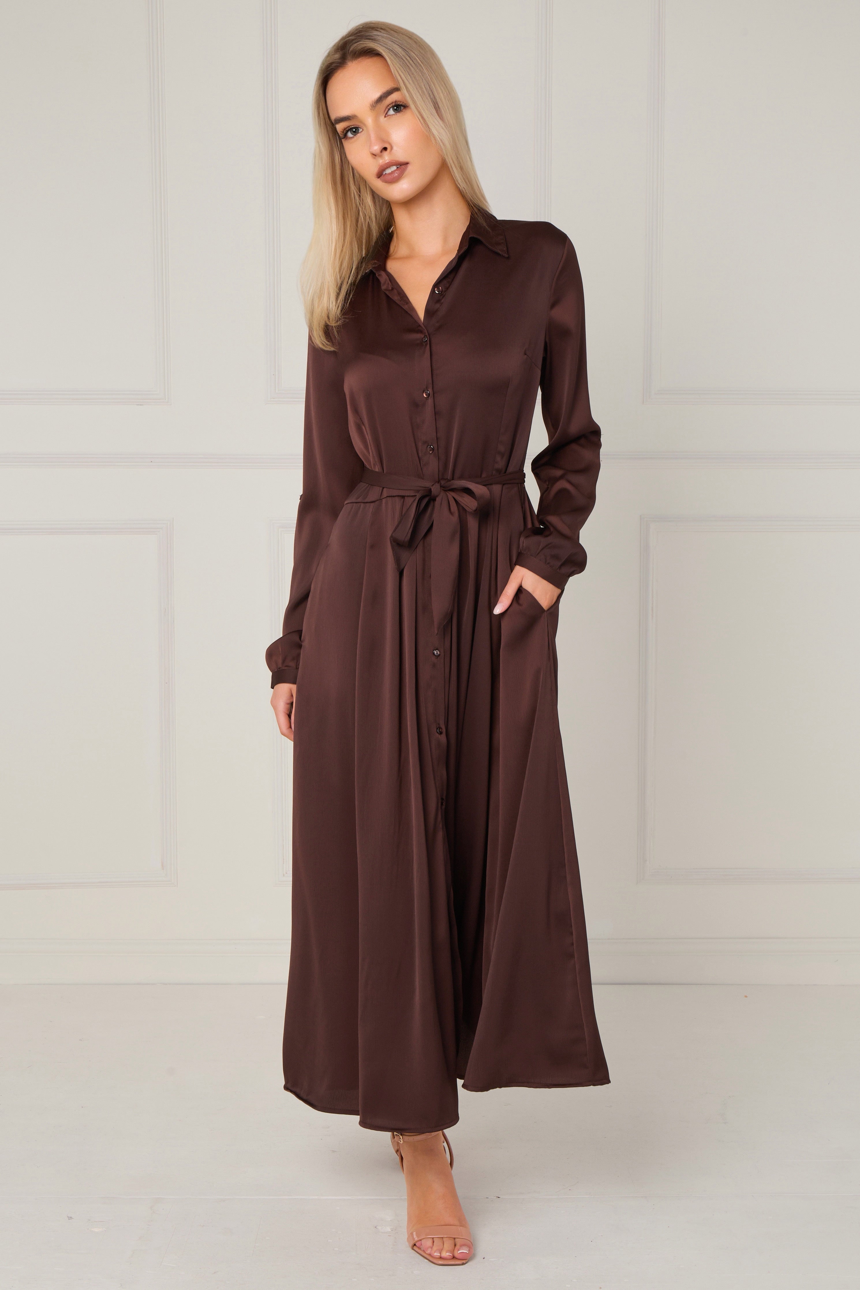 Espresso Layered Satin Long Sleeve Maxi Shirt Dress LS-2037-8078-44