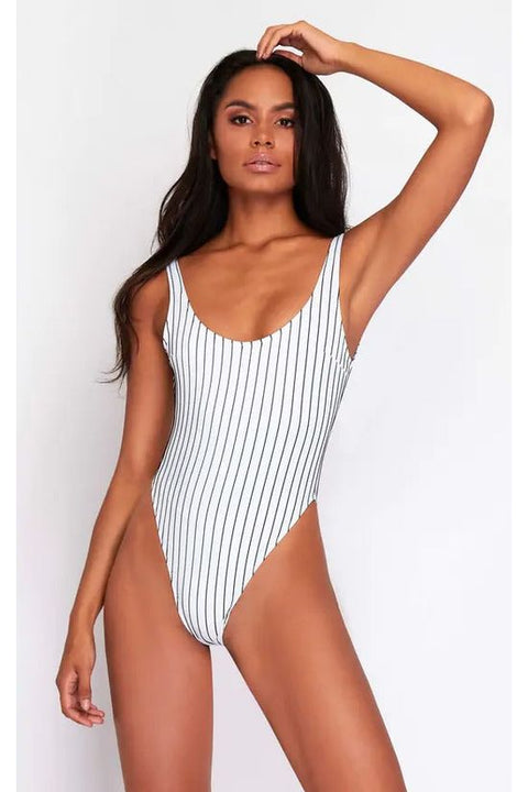 High Leg Swimsuit In Black & White Pinstripe by Maribela