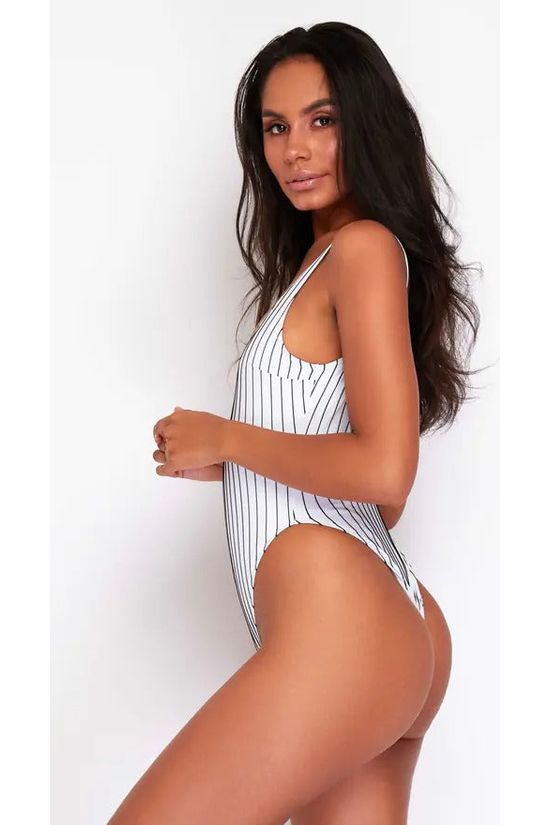 High Leg Swimsuit In Black & White Pinstripe PSS20
