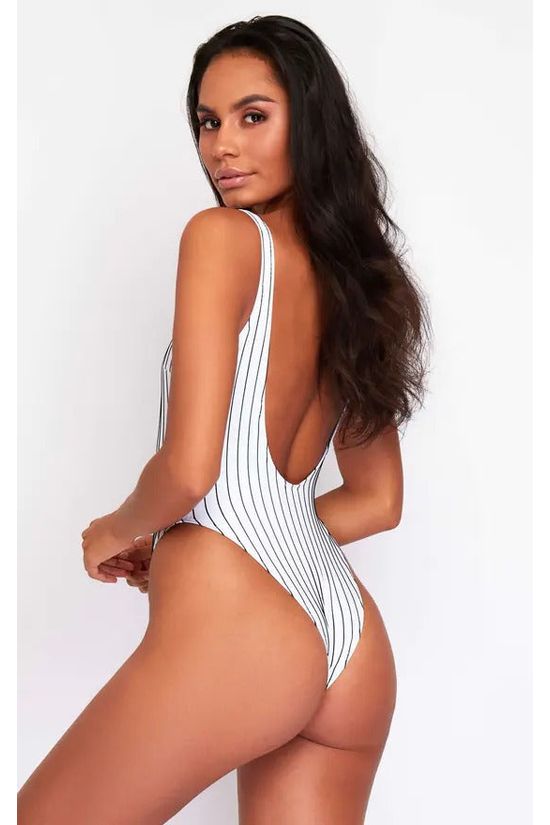 High Leg Swimsuit In Black & White Pinstripe PSS20