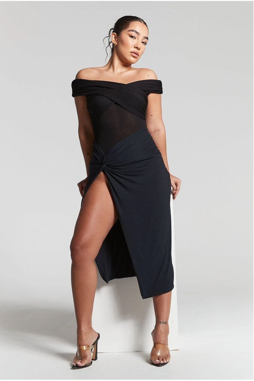 Lexi Black Ruched Knot Midi Skirt INF20225