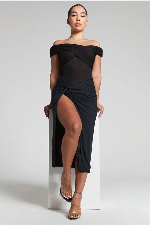 Lexi Black Ruched Knot Midi Skirt by InFlair