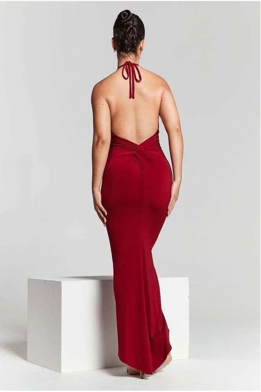 Kim Maroon Knot Back Bodycon Dress INF20227