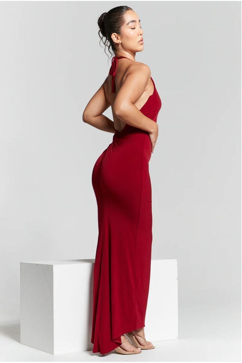 Kim Maroon Knot Back Bodycon Dress INF20227