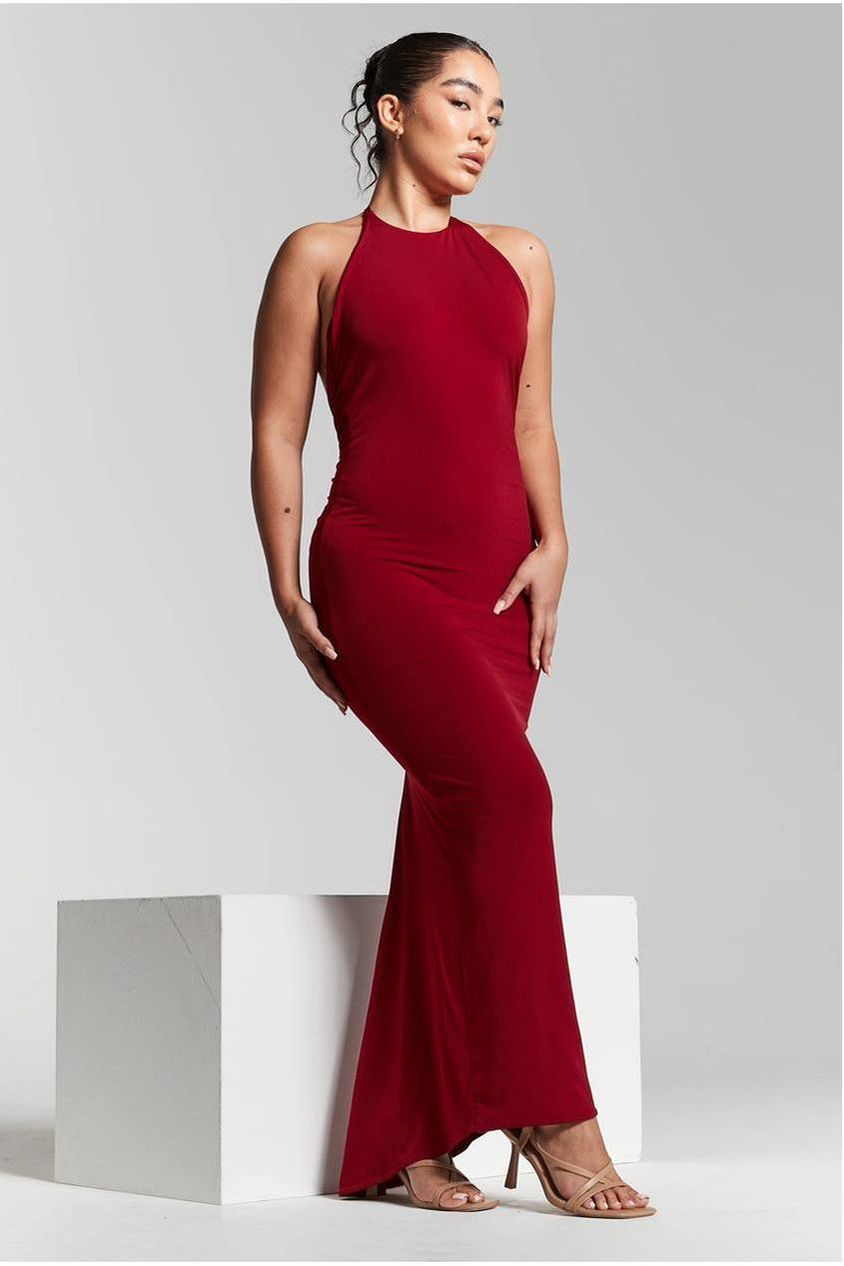 Kim Maroon Knot Back Bodycon Dress INF20227