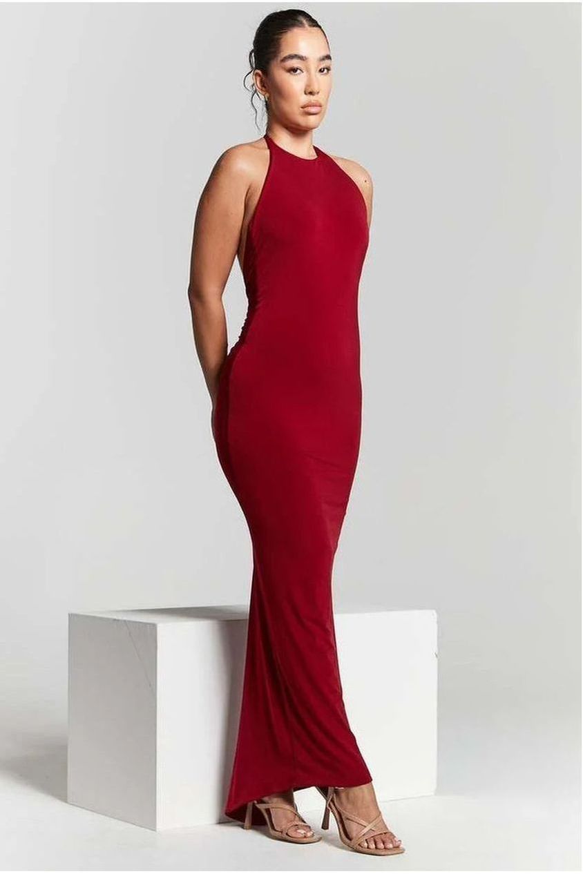 Kim Maroon Knot Back Bodycon Dress INF20227