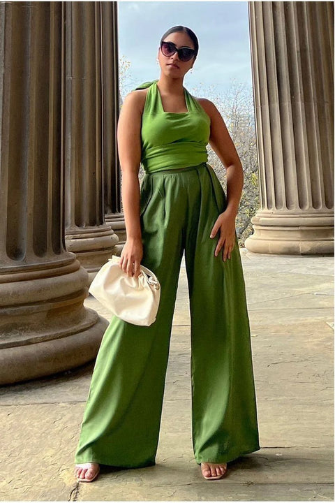 Olive Green Pleated Wide Leg Trouser by InFlair