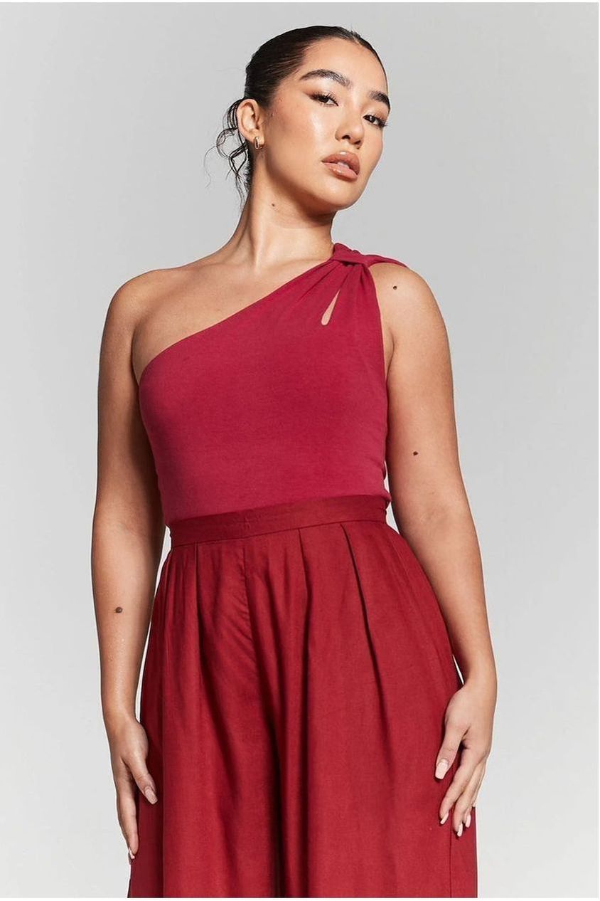 Burgundy One Shoulder Knot Bodysuit INF20243