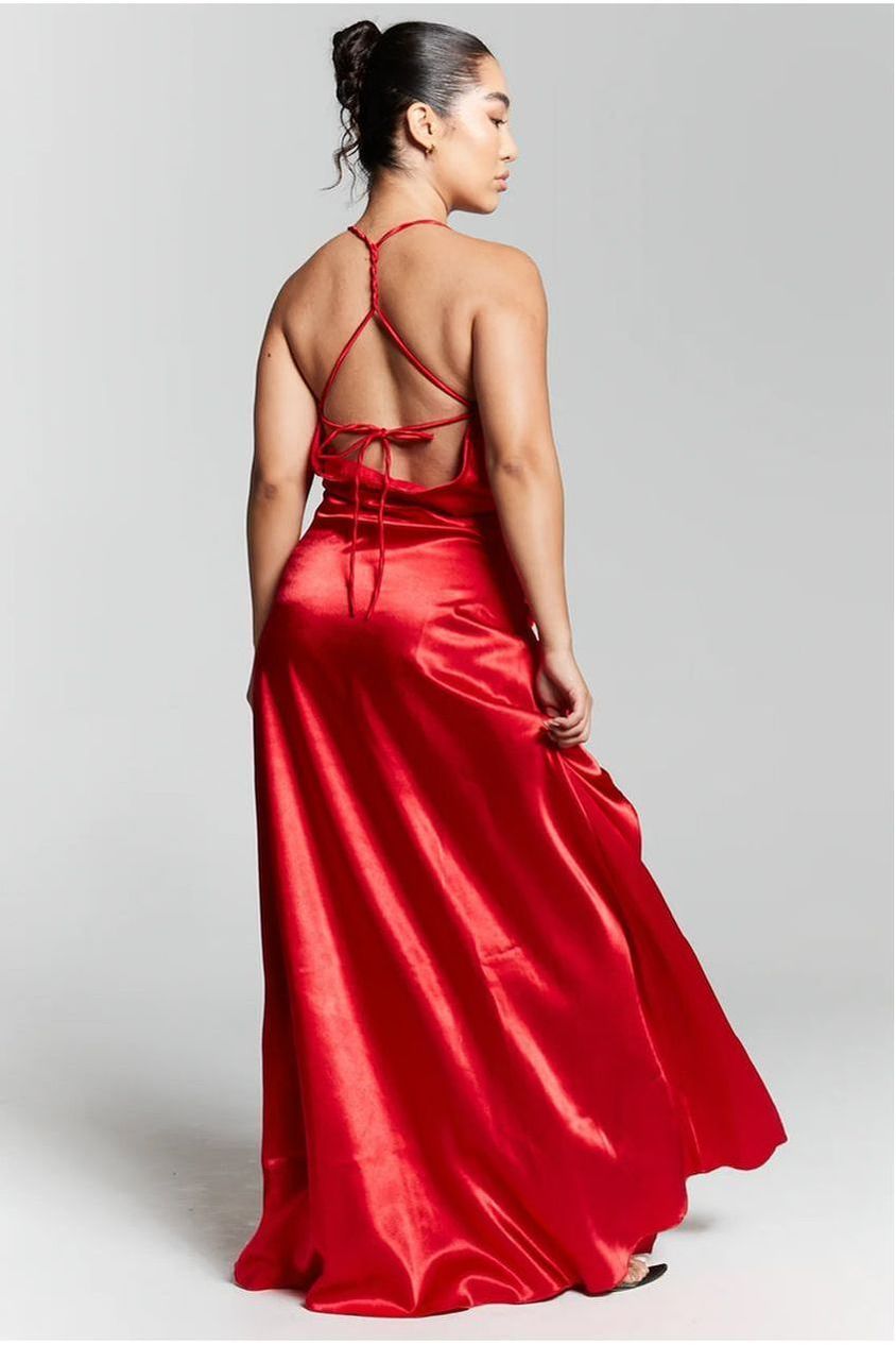 Red V-Neck Split Maxi Dress INF20272