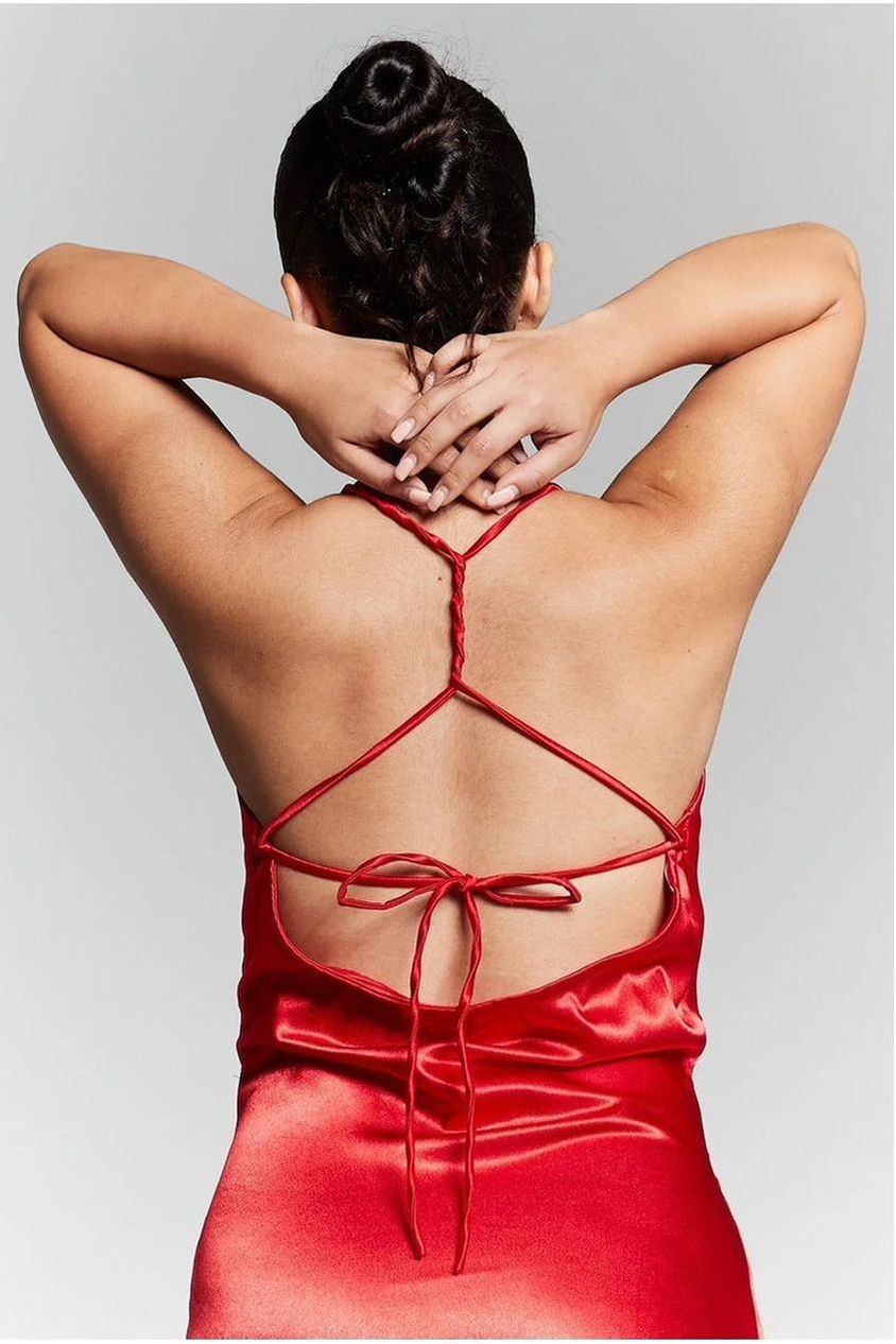 Red V-Neck Split Maxi Dress INF20272