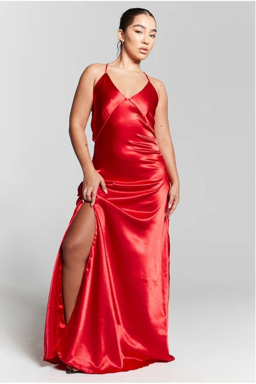 Red V-Neck Split Maxi Dress INF20272
