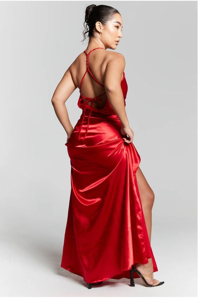 Red V-Neck Split Maxi Dress INF20272