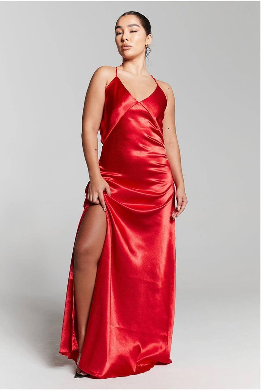 Red V-Neck Split Maxi Dress INF20272