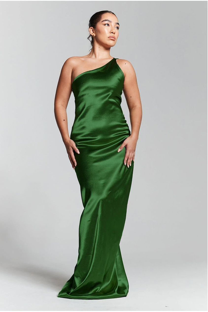 Emerald Green One Shoulder Silky Maxi Dress INF20278