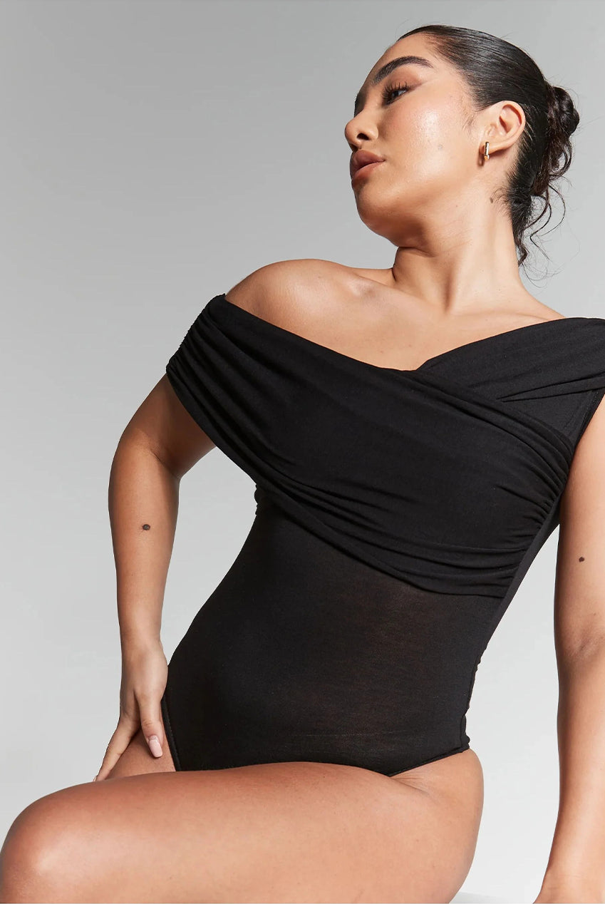 Rhea Black Pleated Bardot Bodysuit INF20284