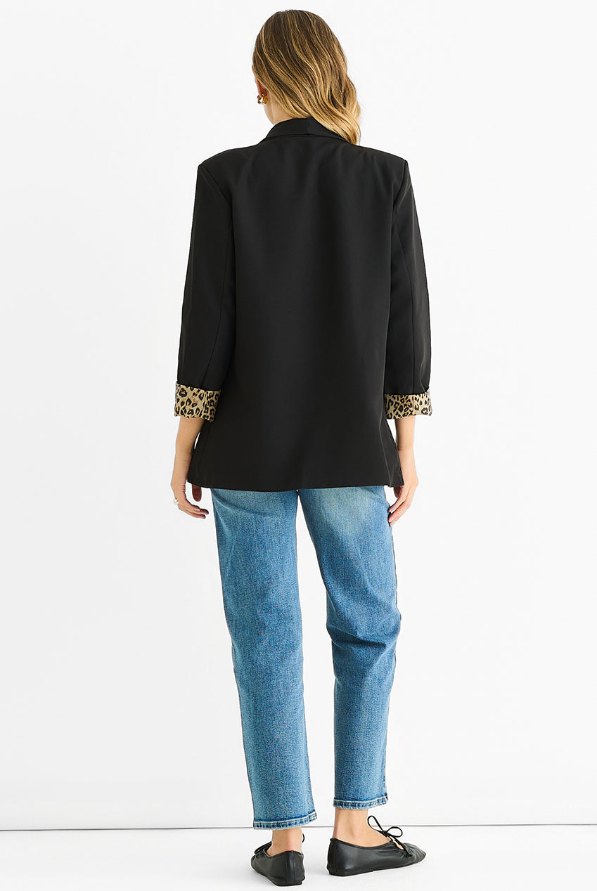 Black Contrast Animal Edge To Edge Blazer IT1303