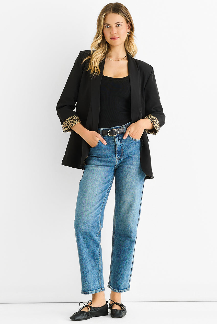 Black Contrast Animal Edge To Edge Blazer IT1303