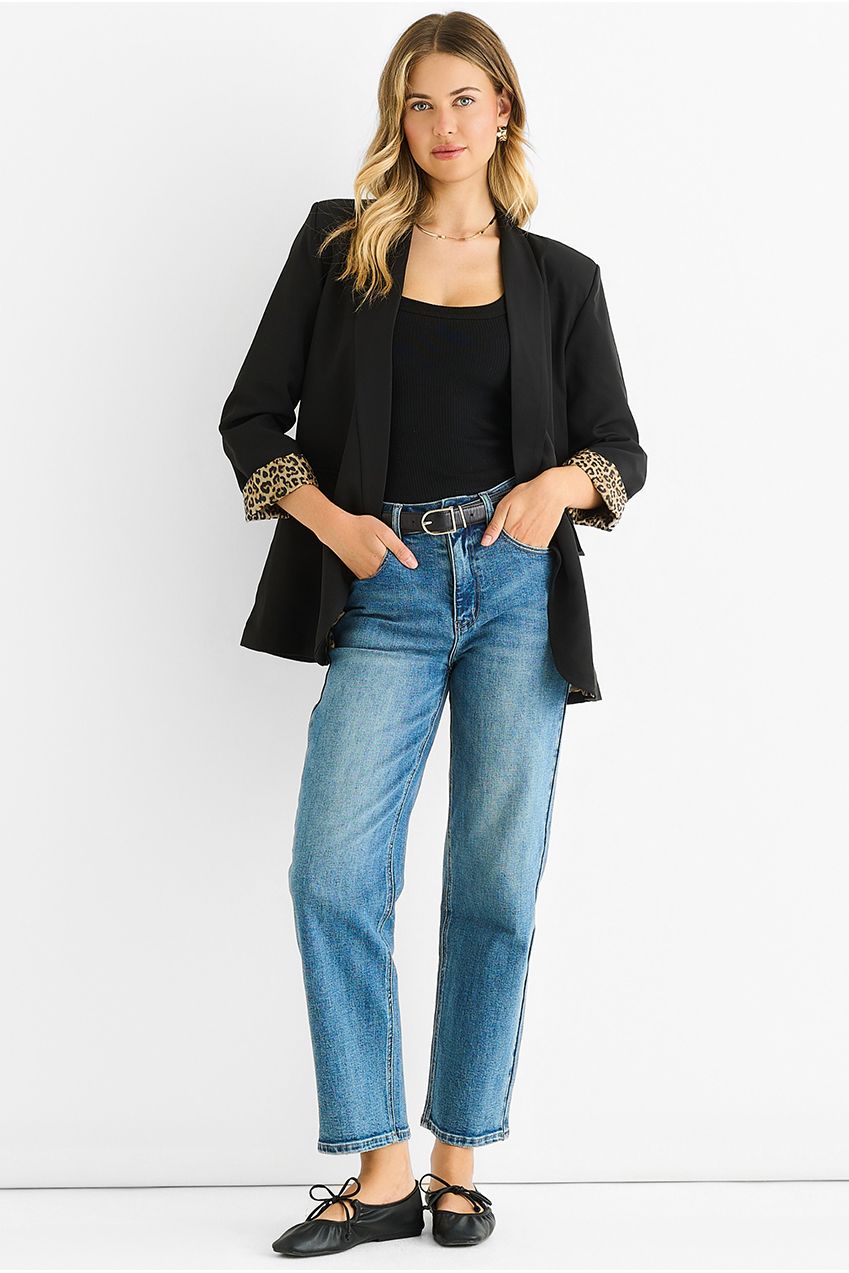 Black Contrast Animal Edge To Edge Blazer IT1303