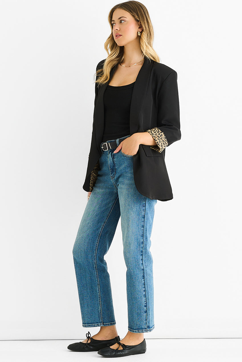 Black Contrast Animal Edge To Edge Blazer IT1303