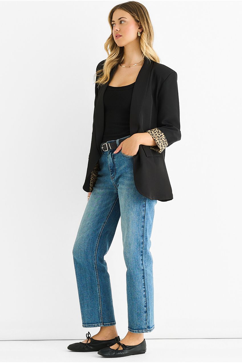 Black Contrast Animal Edge To Edge Blazer IT1303