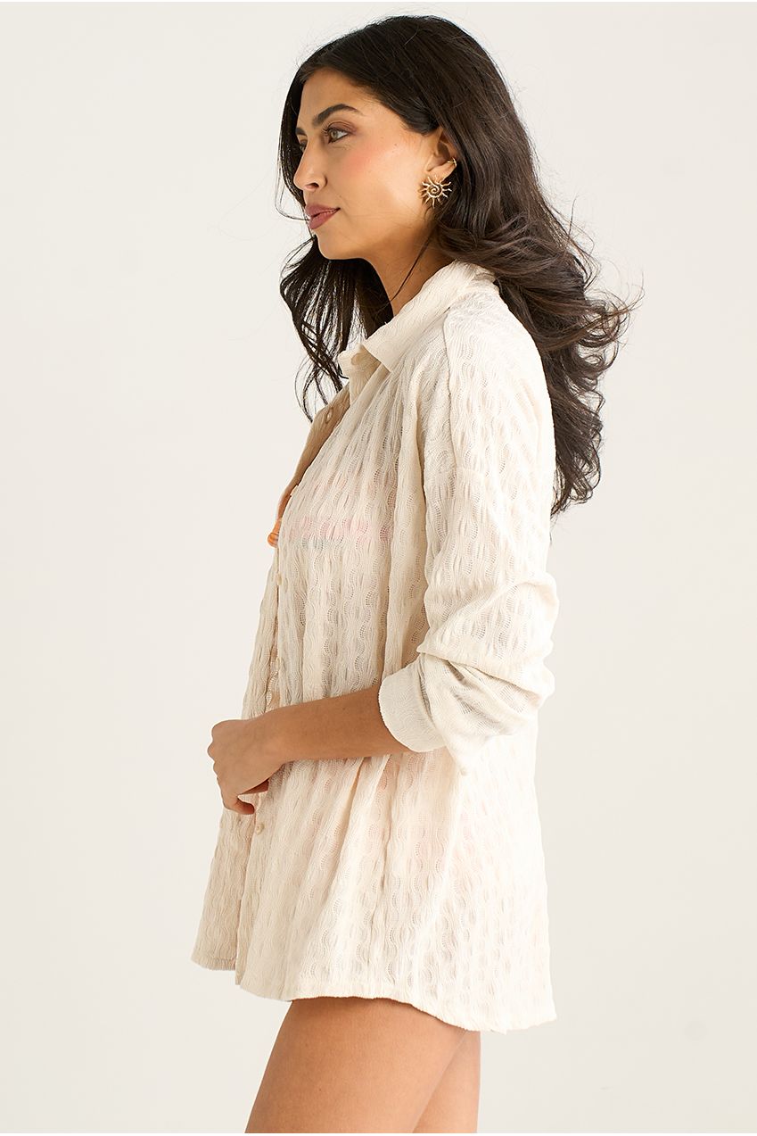 Beige Textured Oversized Long Sleeve Shirt IT1480A