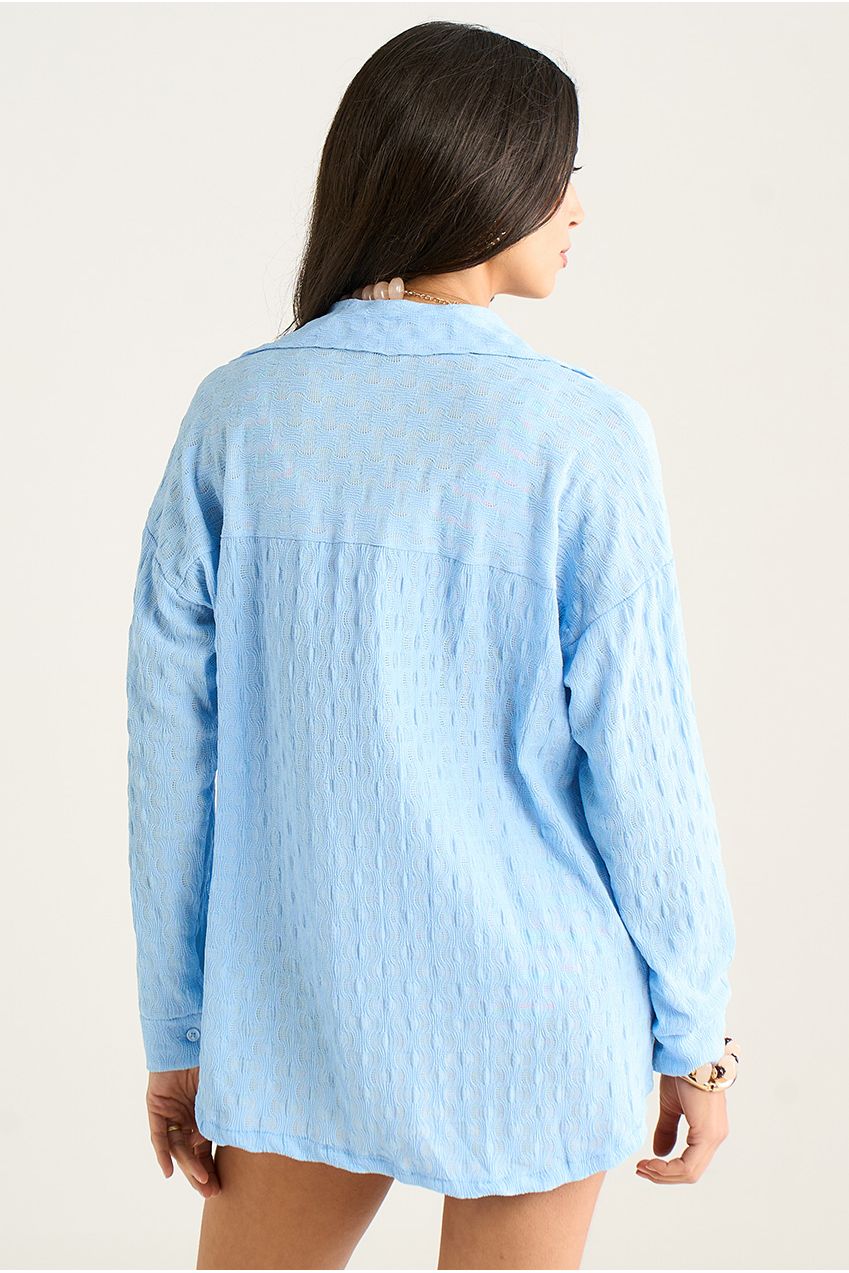 Sky Blue Textured Oversized Long Sleeve Shirt IT1480A