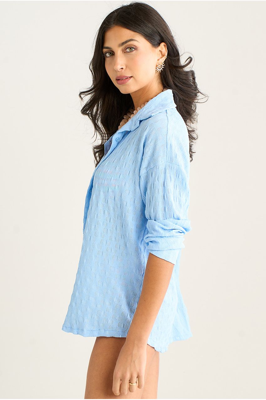 Sky Blue Textured Oversized Long Sleeve Shirt IT1480A