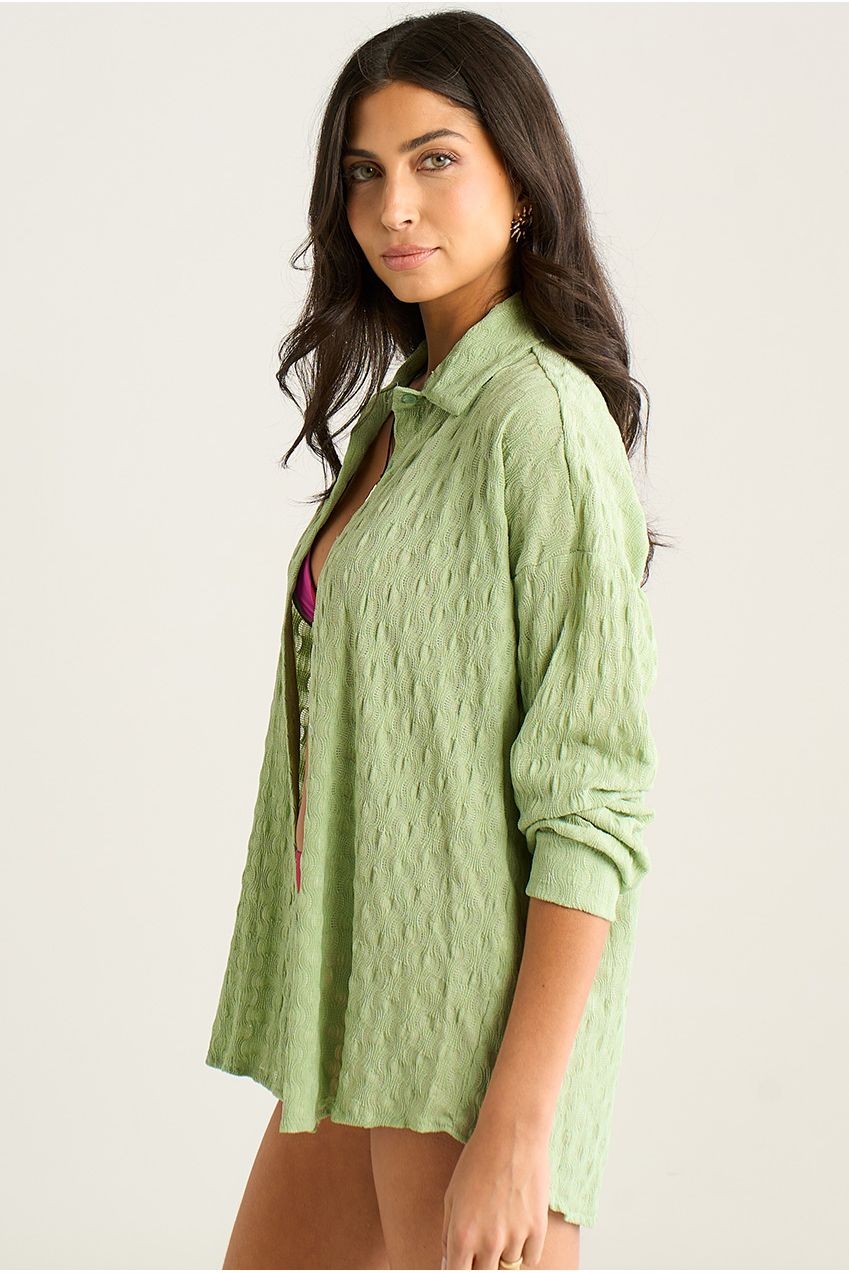 Sage Green Textured Oversized Long Sleeve Shirt IT1480A