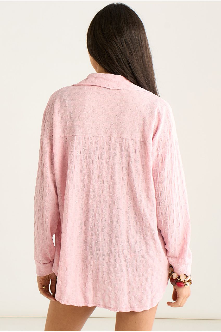 Pink Textured Oversized Long Sleeve Shirt IT1480A