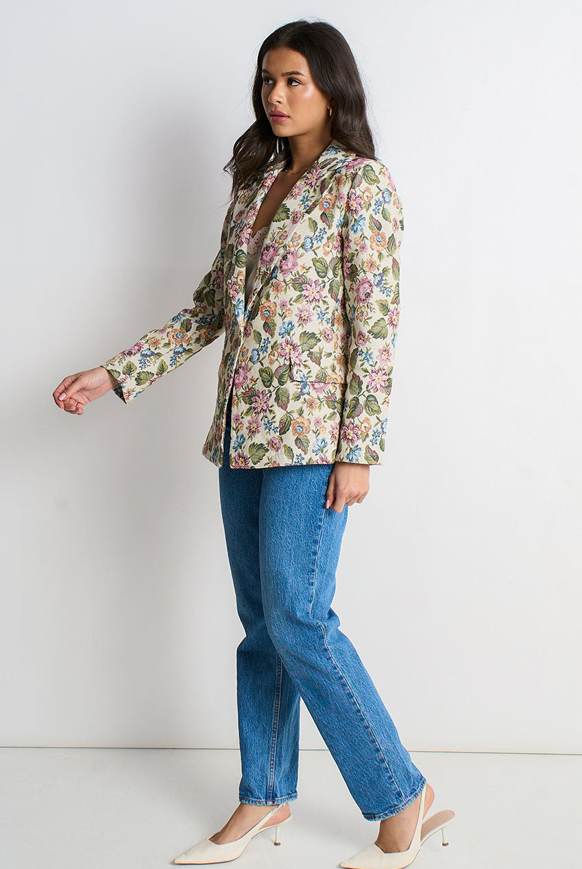 Beige Floral Jacquard Tailored Blazer IT1835