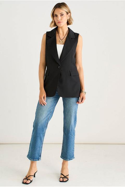 Black Tailored Contrast Lining Longline Waistcoat by Gini London