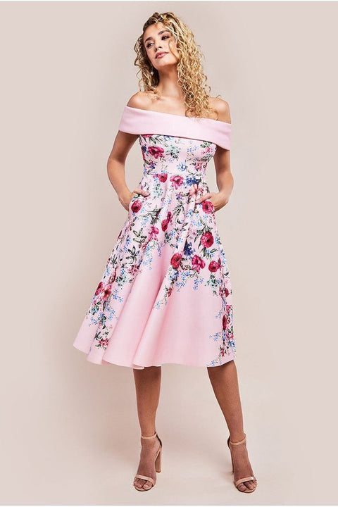 Scuba Foam Floral Bardot Midi Dress - Blush by Goddiva