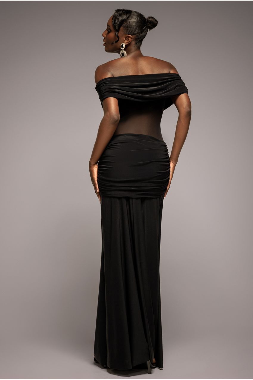Gathered Off The Shoulder Mesh Waist Panel Maxi Dress - Black DR4857